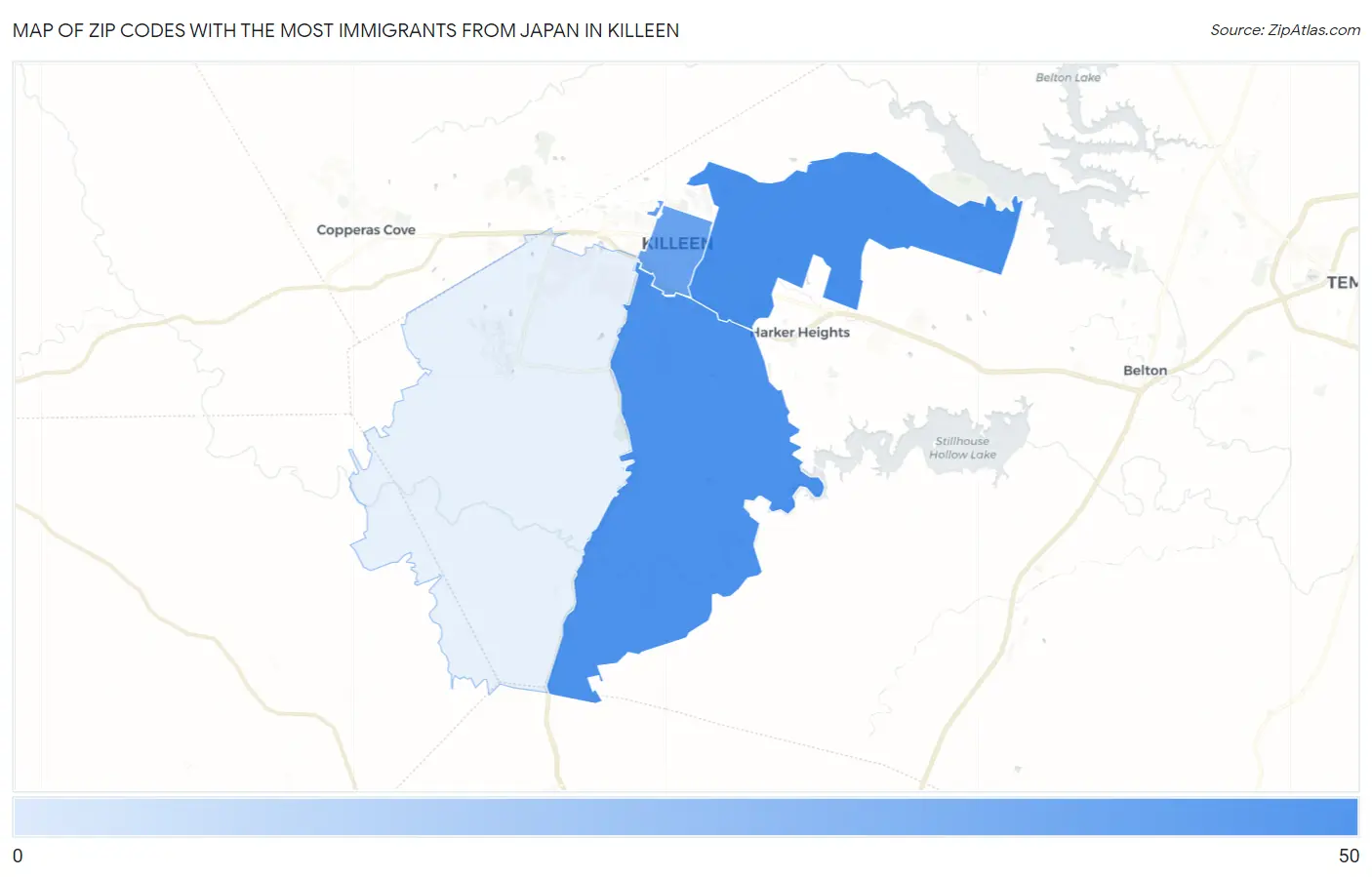 Zip Codes with the Most Immigrants from Japan in Killeen Map