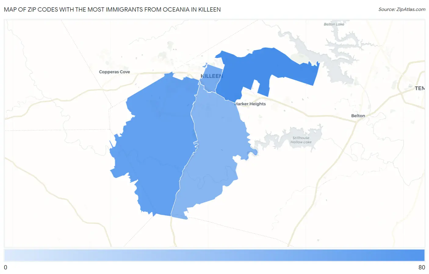 Zip Codes with the Most Immigrants from Oceania in Killeen Map