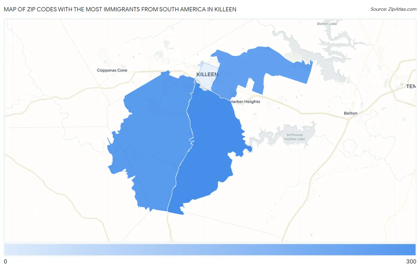 Zip Codes with the Most Immigrants from South America in Killeen Map