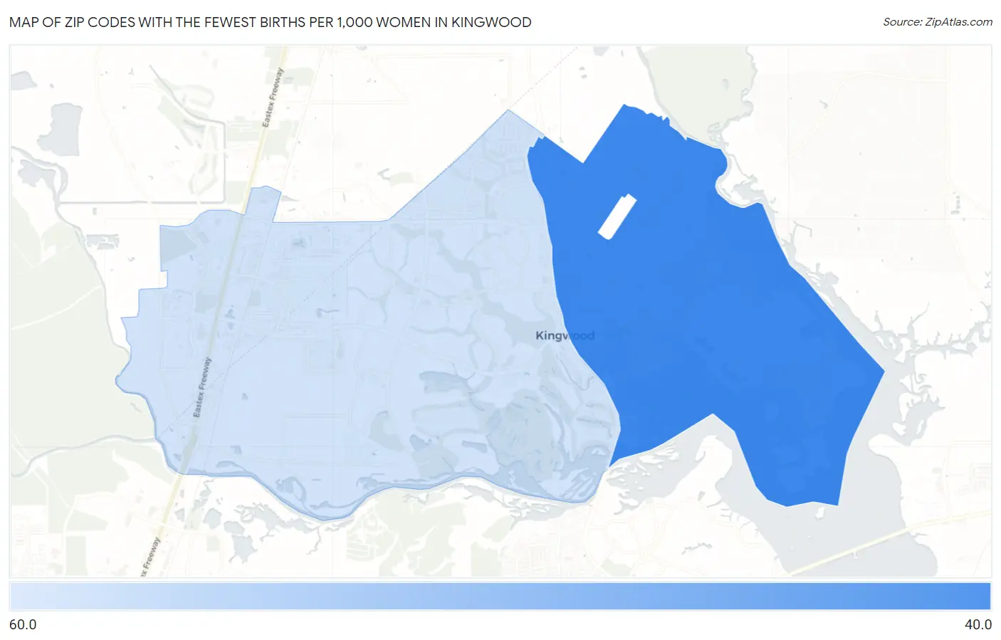 Zip Codes with the Fewest Births per 1,000 Women in Kingwood Map