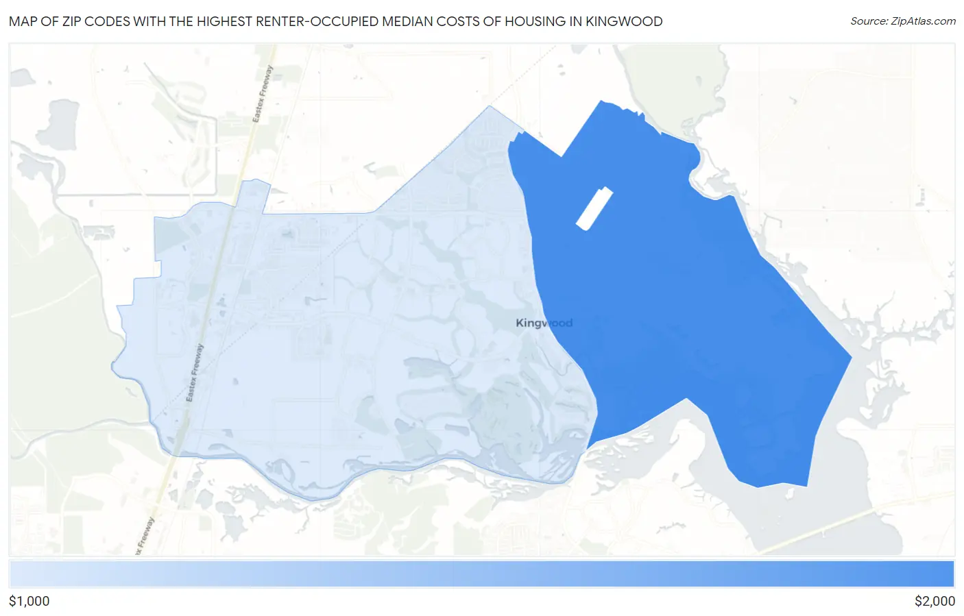 Zip Codes with the Highest Renter-Occupied Median Costs of Housing in Kingwood Map