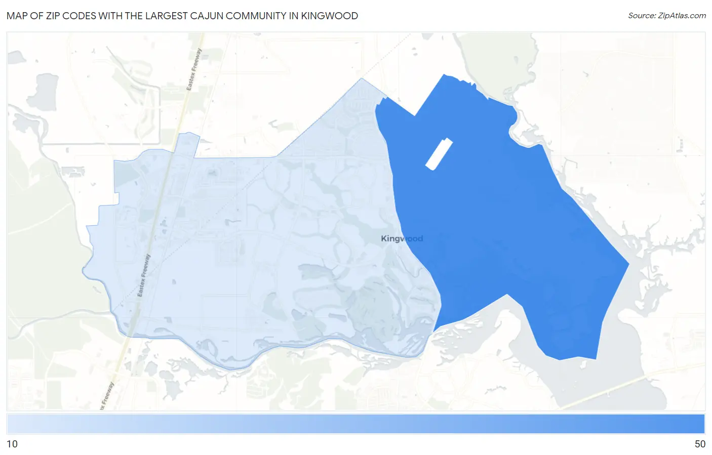 Zip Codes with the Largest Cajun Community in Kingwood Map