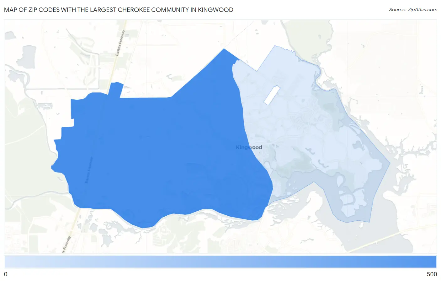 Zip Codes with the Largest Cherokee Community in Kingwood Map
