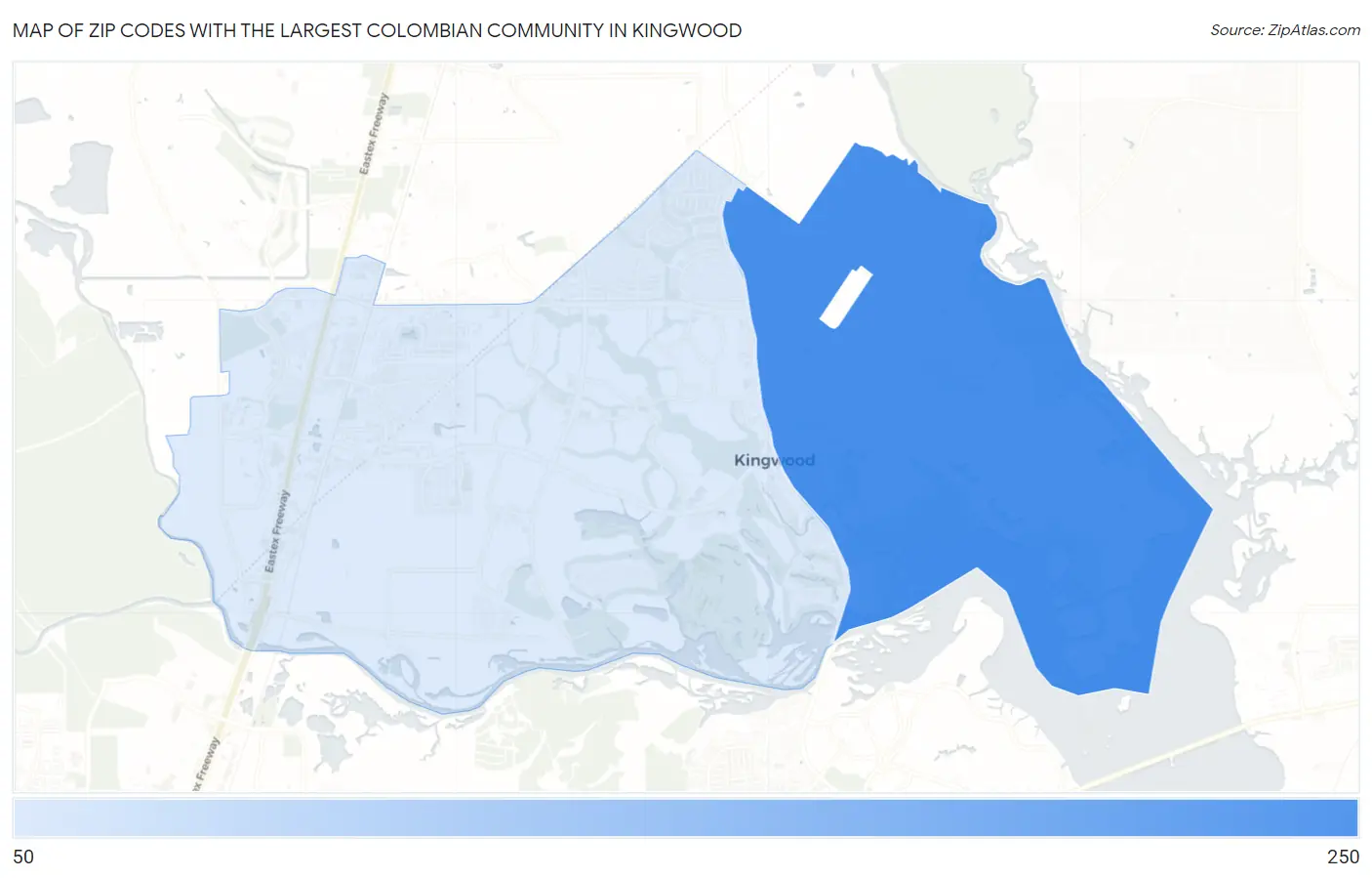 Zip Codes with the Largest Colombian Community in Kingwood Map