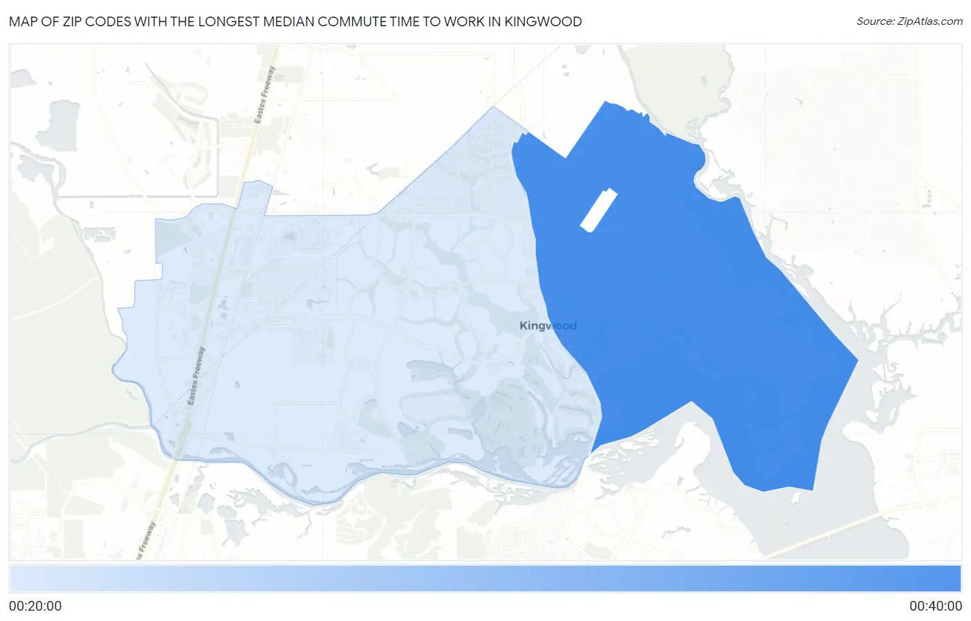Zip Codes with the Longest Median Commute Time to Work in Kingwood Map