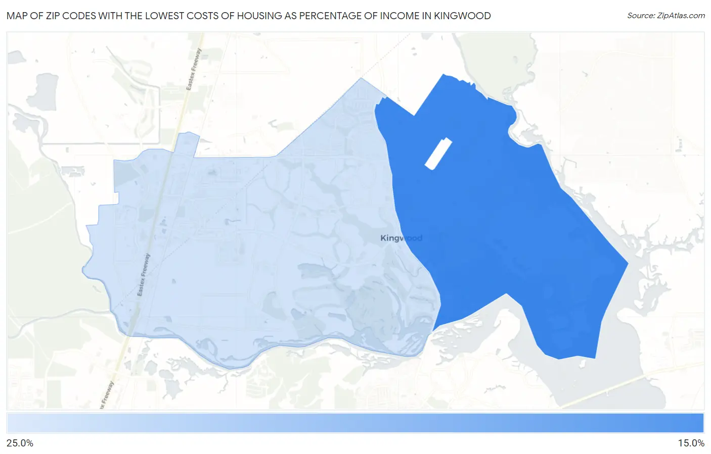 Zip Codes with the Lowest Costs of Housing as Percentage of Income in Kingwood Map