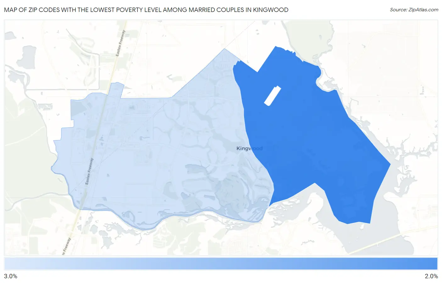 Zip Codes with the Lowest Poverty Level Among Married Couples in Kingwood Map