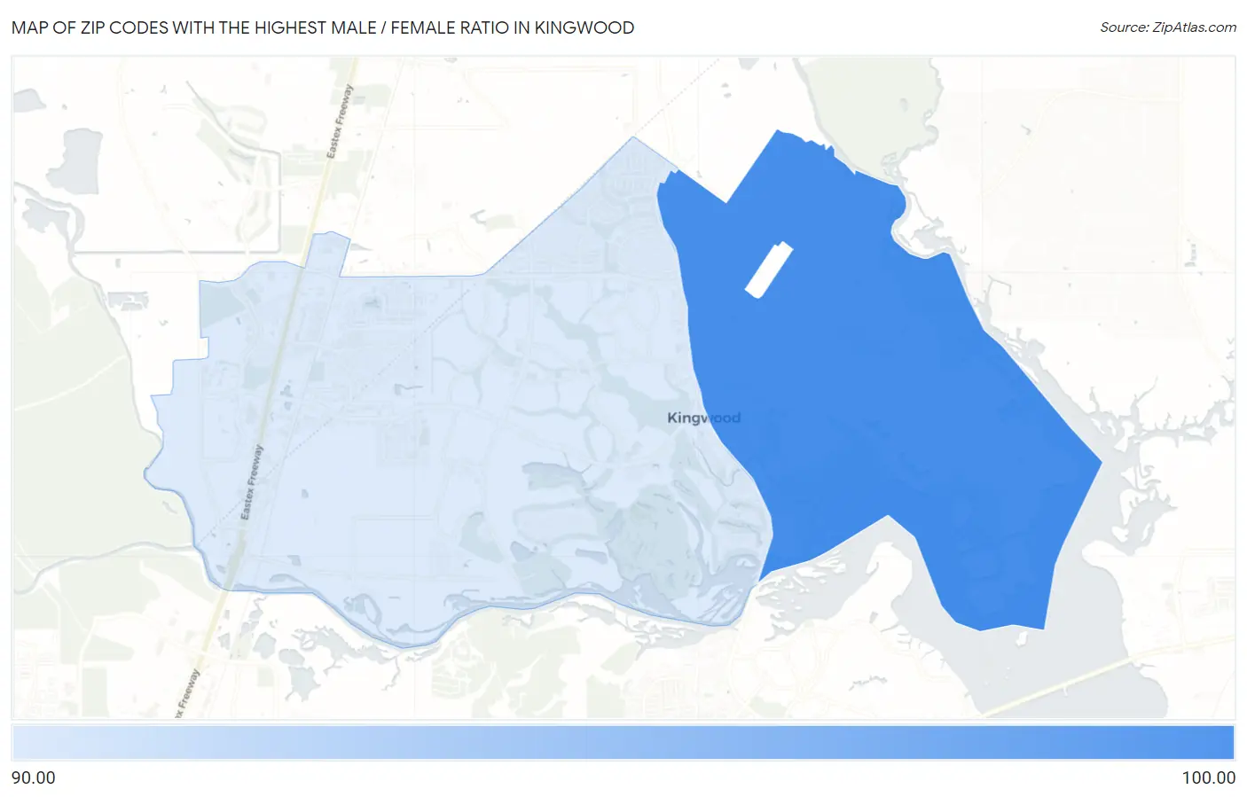 Zip Codes with the Highest Male / Female Ratio in Kingwood Map