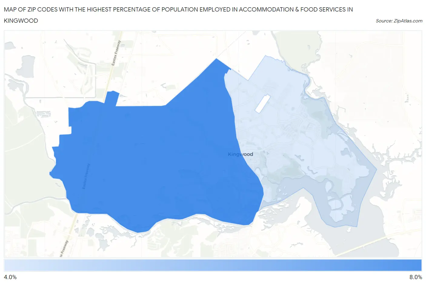 Zip Codes with the Highest Percentage of Population Employed in Accommodation & Food Services in Kingwood Map