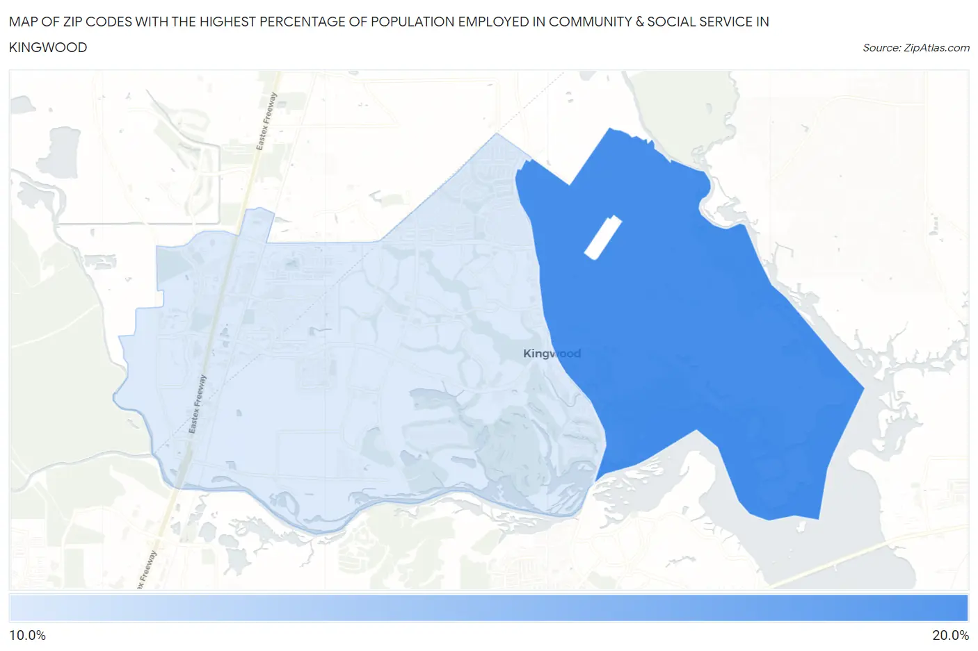 Zip Codes with the Highest Percentage of Population Employed in Community & Social Service  in Kingwood Map