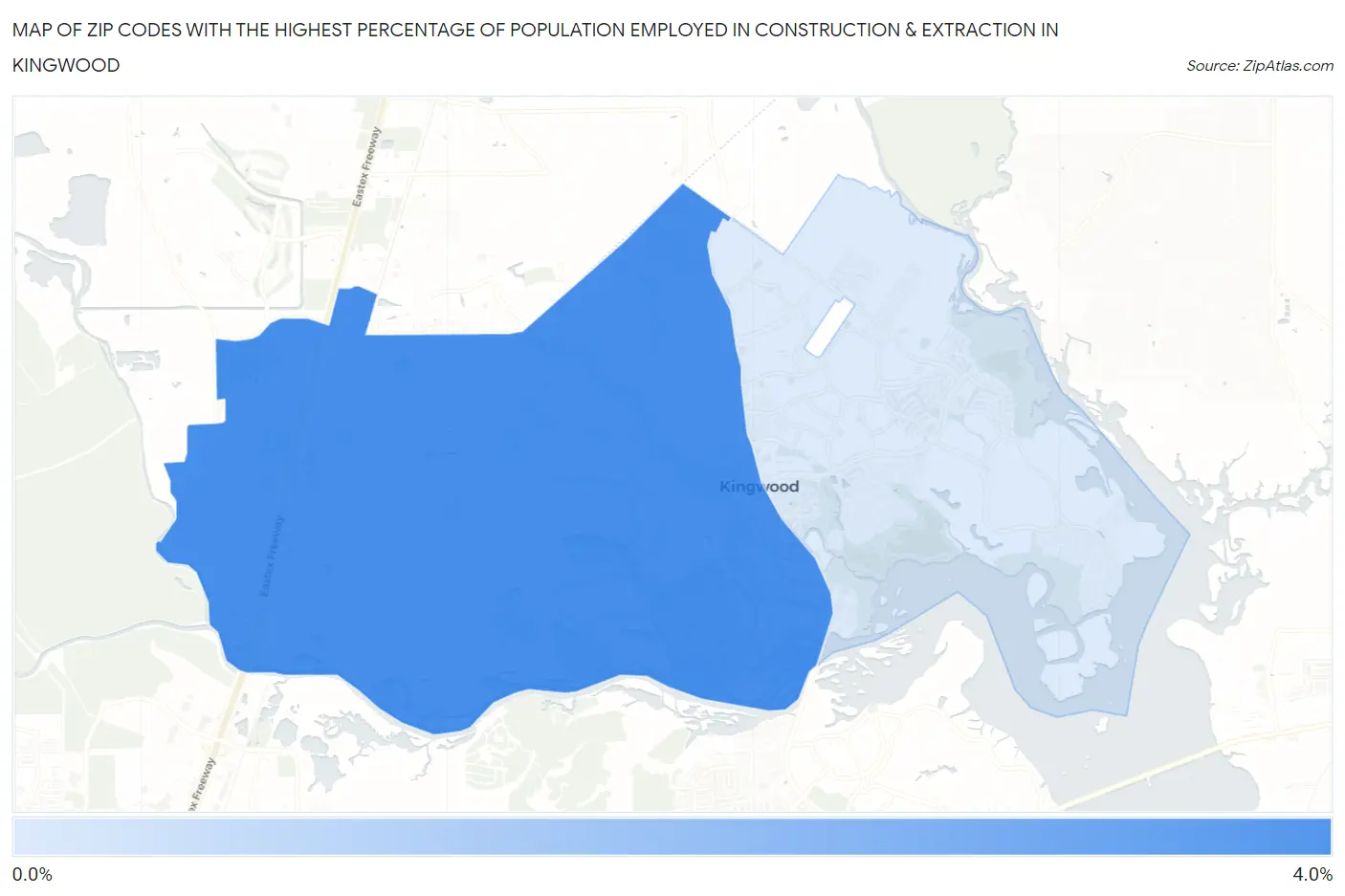 Zip Codes with the Highest Percentage of Population Employed in Construction & Extraction in Kingwood Map