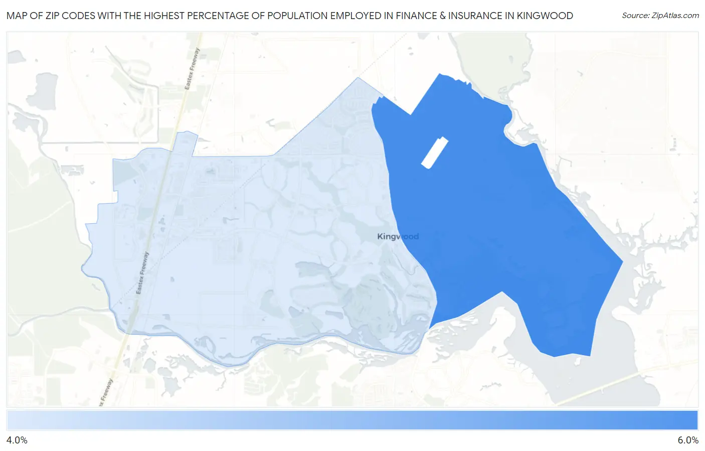 Zip Codes with the Highest Percentage of Population Employed in Finance & Insurance in Kingwood Map