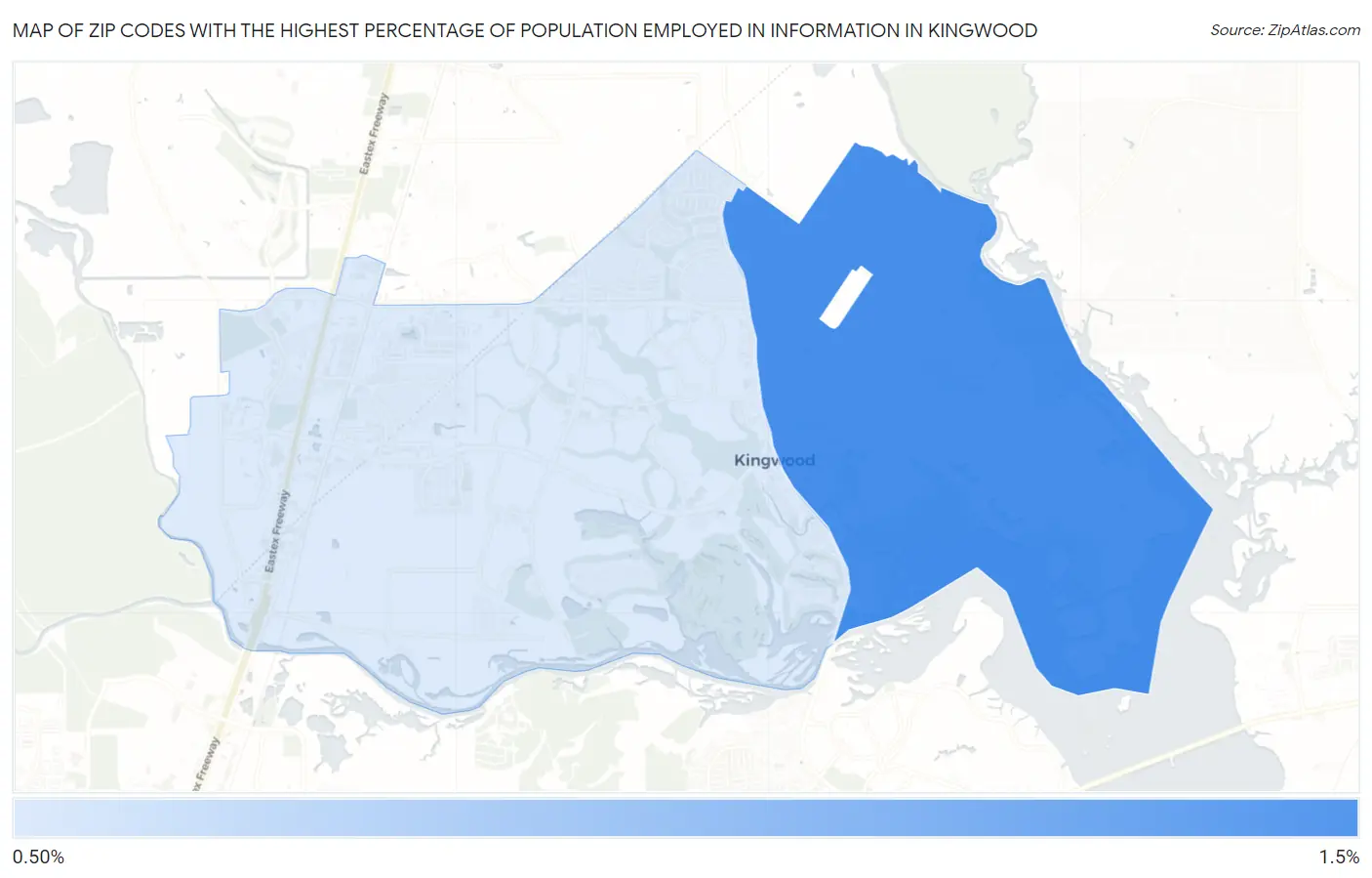 Zip Codes with the Highest Percentage of Population Employed in Information in Kingwood Map
