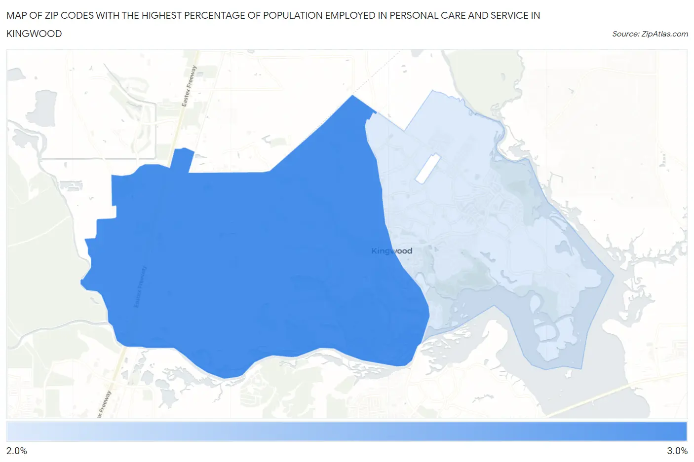 Zip Codes with the Highest Percentage of Population Employed in Personal Care and Service in Kingwood Map