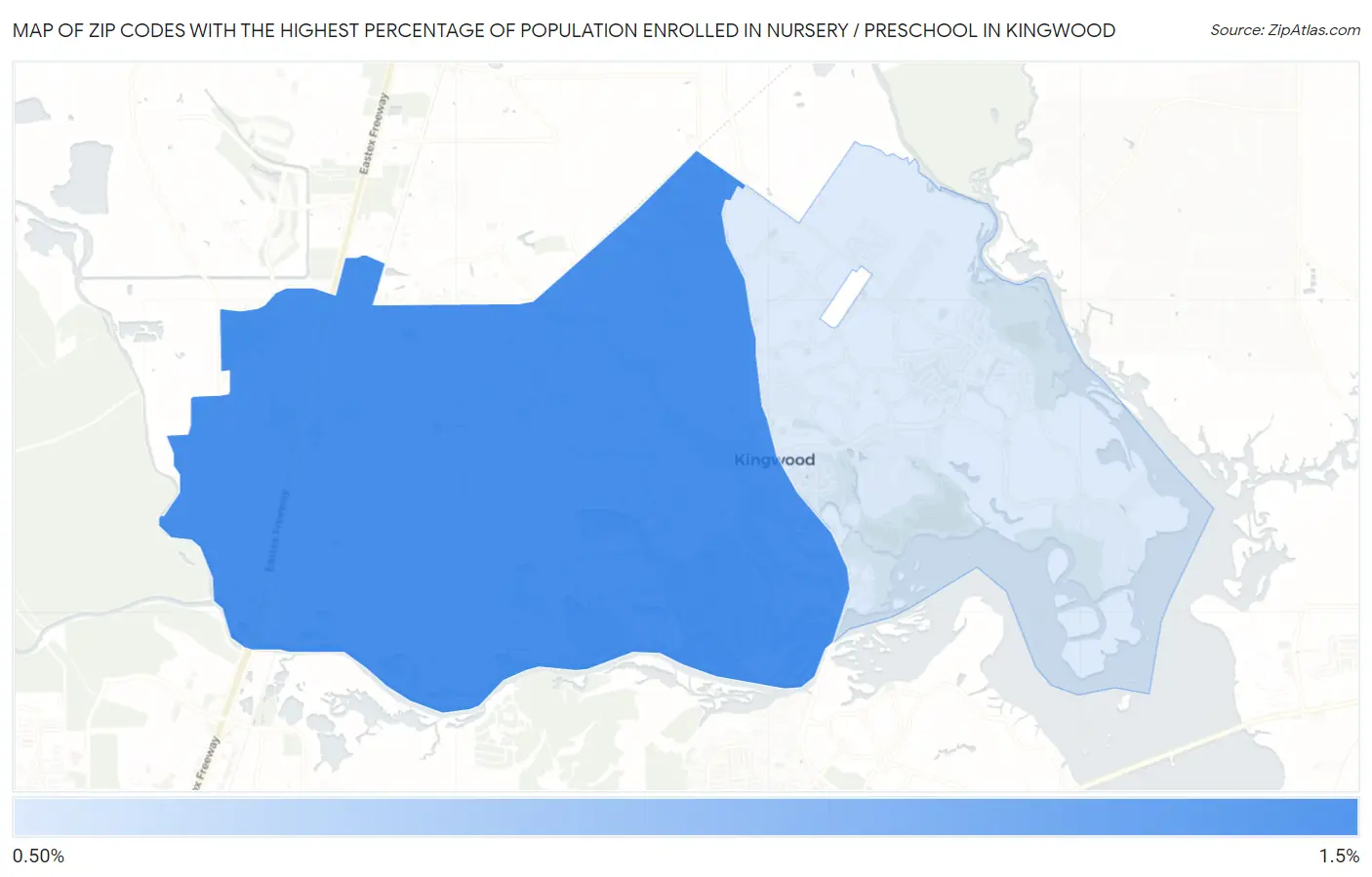 Zip Codes with the Highest Percentage of Population Enrolled in Nursery / Preschool in Kingwood Map