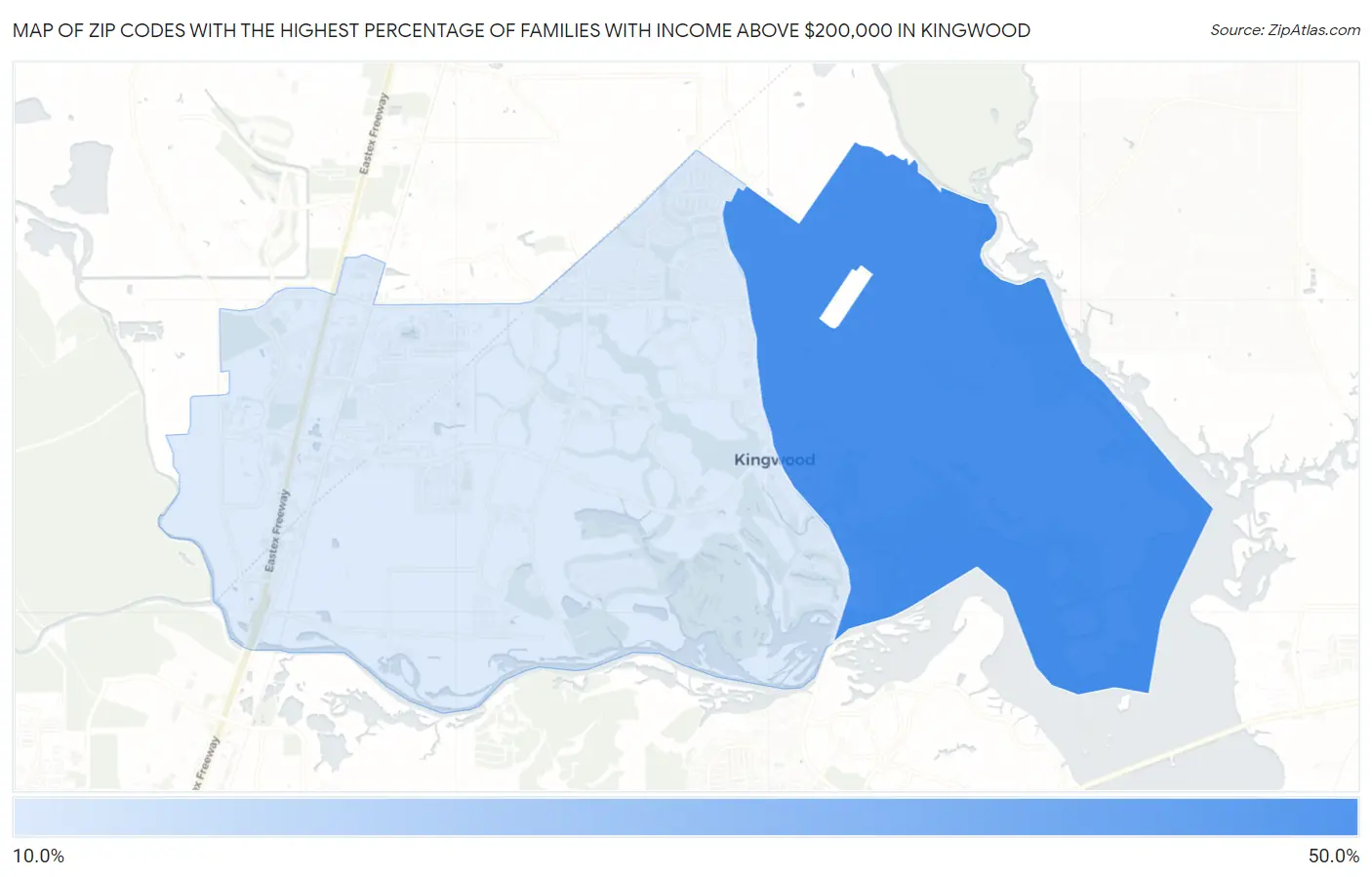 Zip Codes with the Highest Percentage of Families with Income Above $200,000 in Kingwood Map