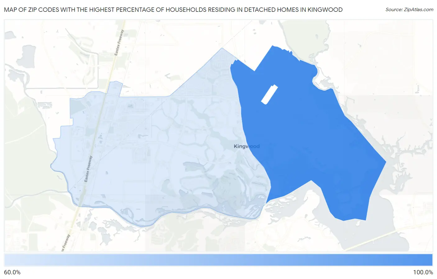 Zip Codes with the Highest Percentage of Households Residing in Detached Homes in Kingwood Map