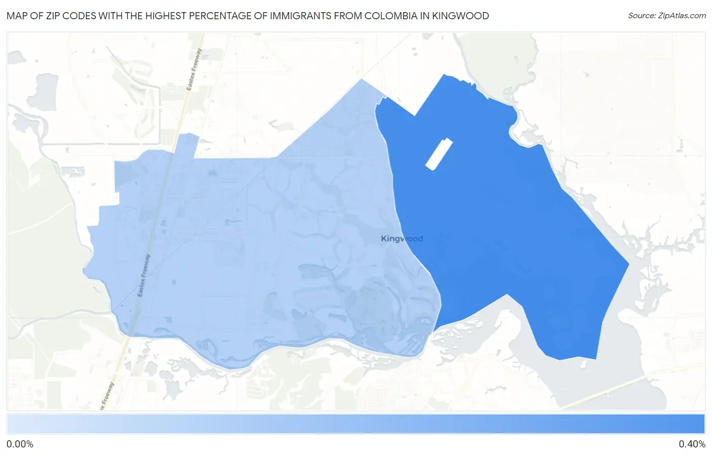 Zip Codes with the Highest Percentage of Immigrants from Colombia in Kingwood Map