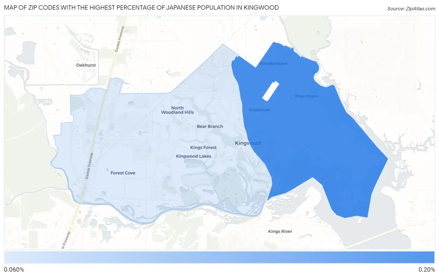 Zip Codes with the Highest Percentage of Japanese Population in Kingwood Map