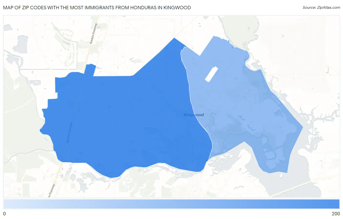 Zip Codes with the Most Immigrants from Honduras in Kingwood Map