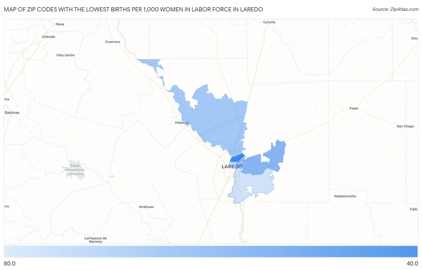 Zip Codes with the Lowest Births per 1,000 Women in Labor Force in Laredo Map