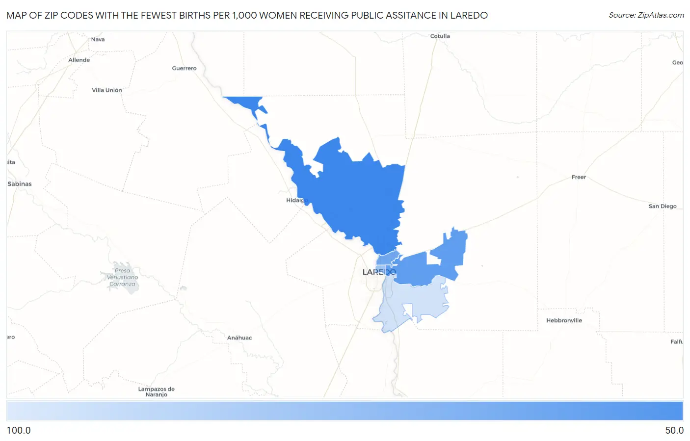 Zip Codes with the Fewest Births per 1,000 Women Receiving Public Assitance in Laredo Map