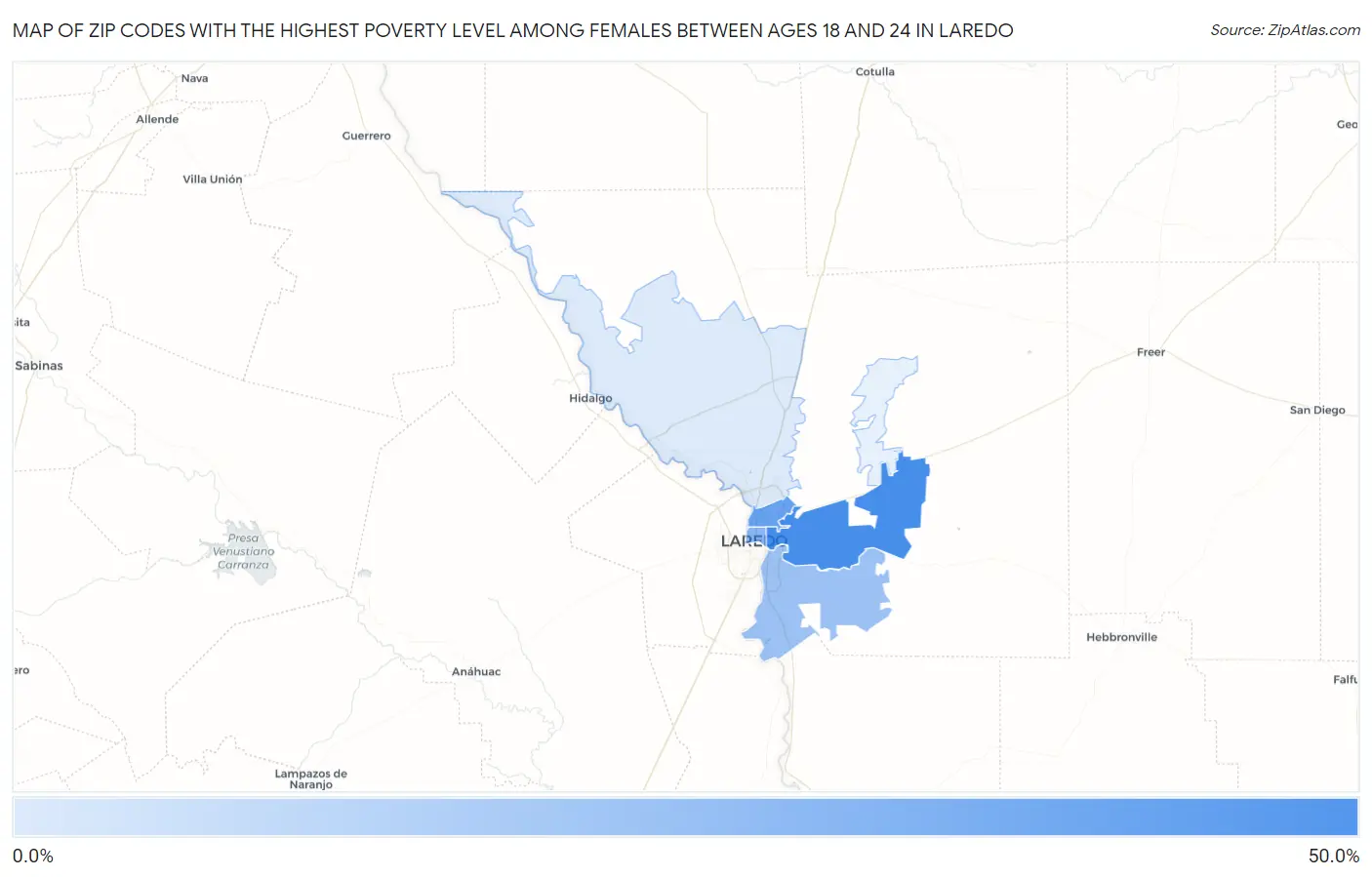 Zip Codes with the Highest Poverty Level Among Females Between Ages 18 and 24 in Laredo Map