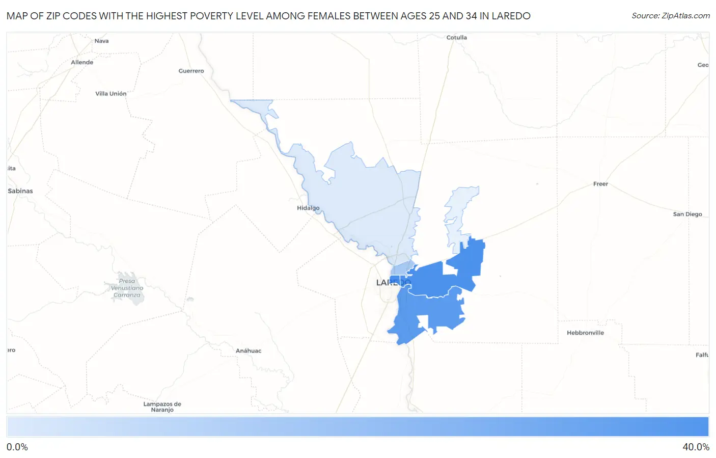 Zip Codes with the Highest Poverty Level Among Females Between Ages 25 and 34 in Laredo Map