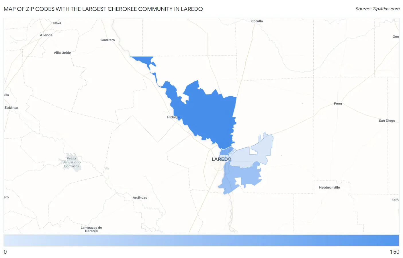 Zip Codes with the Largest Cherokee Community in Laredo Map