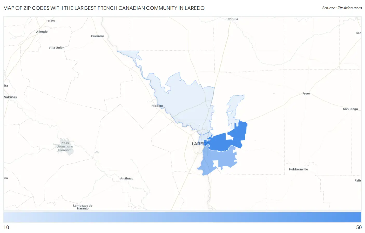 Zip Codes with the Largest French Canadian Community in Laredo Map