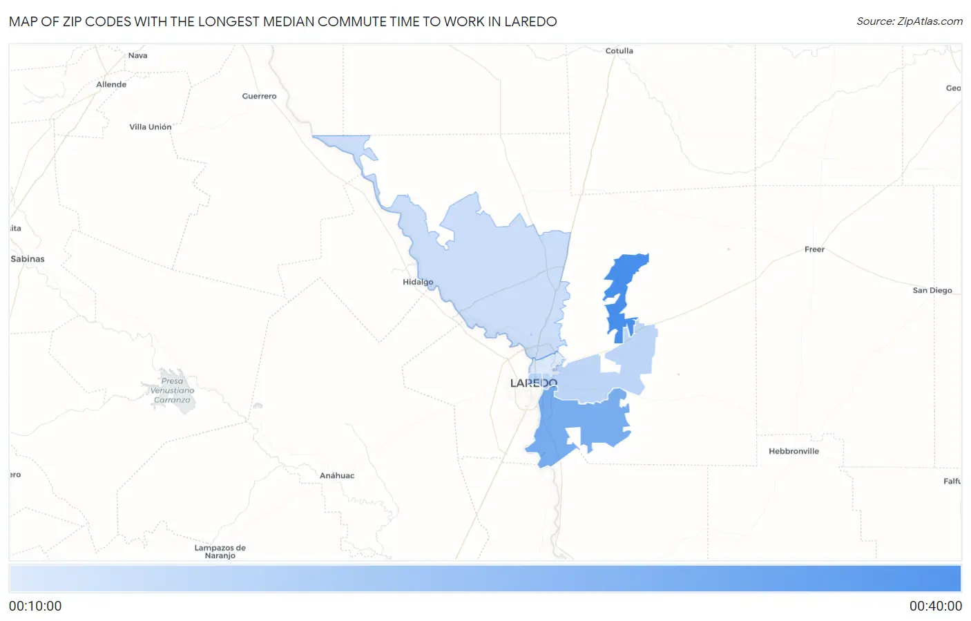 Zip Codes with the Longest Median Commute Time to Work in Laredo Map