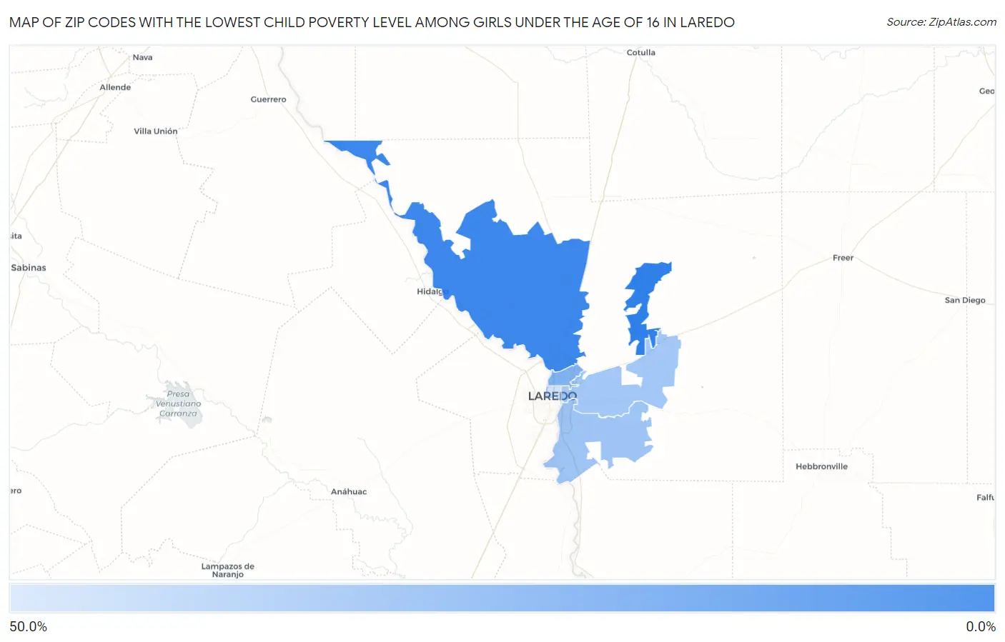 Zip Codes with the Lowest Child Poverty Level Among Girls Under the Age of 16 in Laredo Map