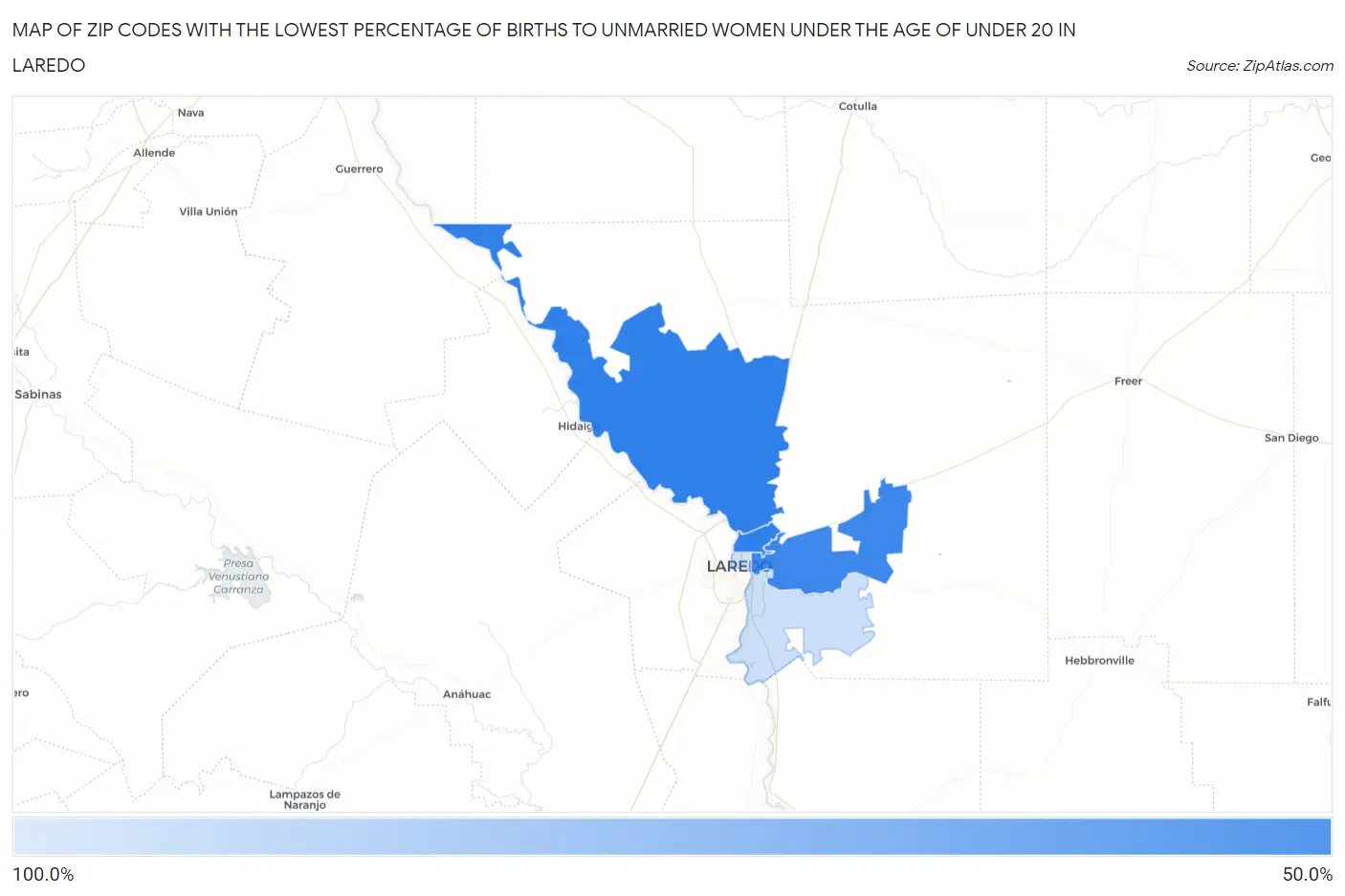 Zip Codes with the Lowest Percentage of Births to Unmarried Women under the Age of under 20 in Laredo Map