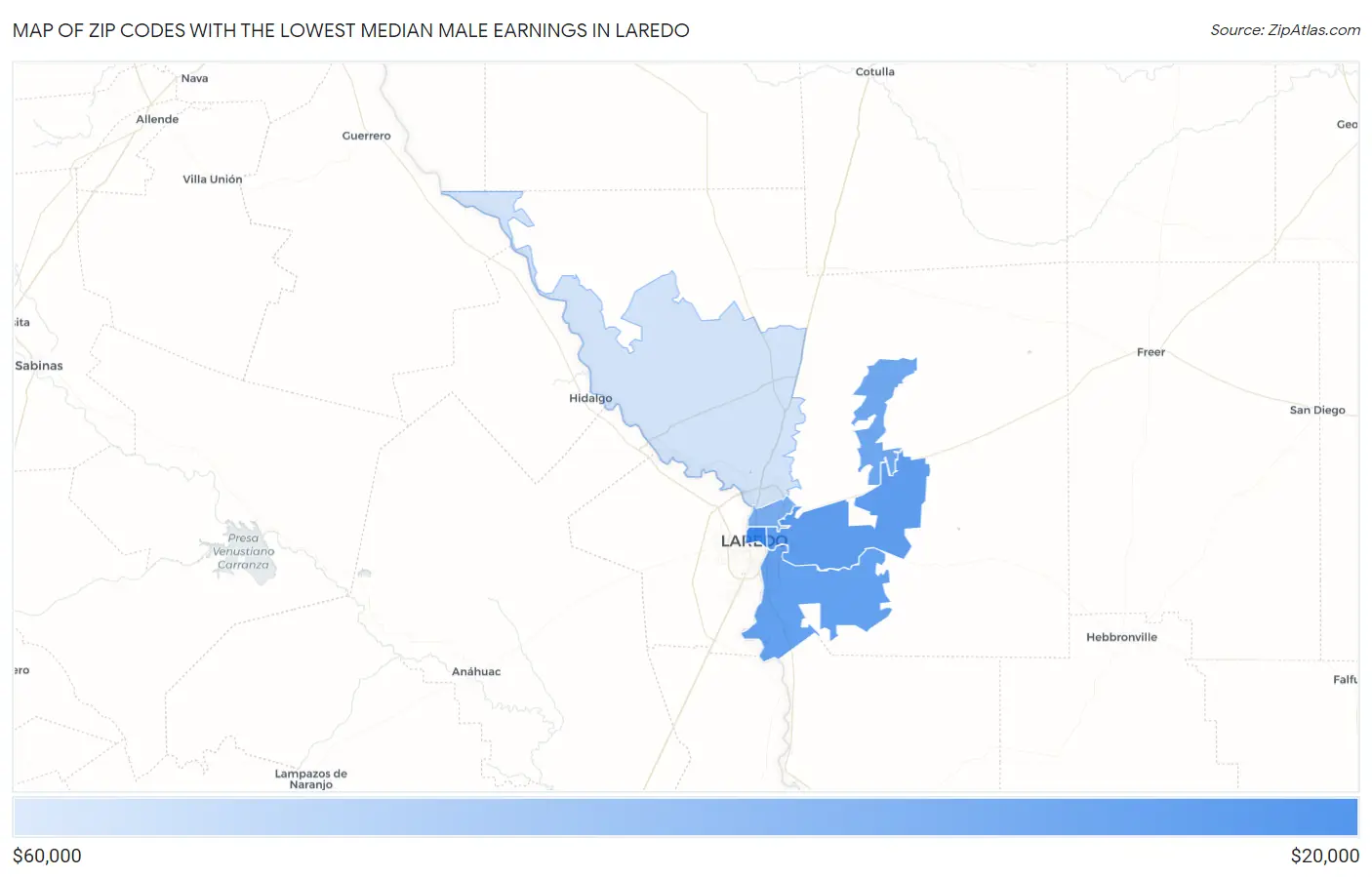 Zip Codes with the Lowest Median Male Earnings in Laredo Map