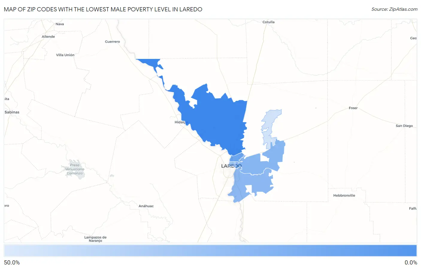 Zip Codes with the Lowest Male Poverty Level in Laredo Map