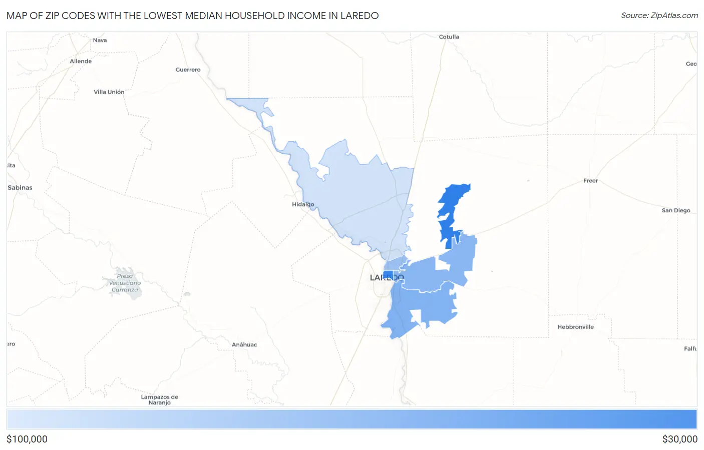 Zip Codes with the Lowest Median Household Income in Laredo Map