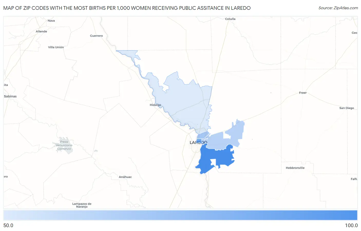 Zip Codes with the Most Births per 1,000 Women Receiving Public Assitance in Laredo Map