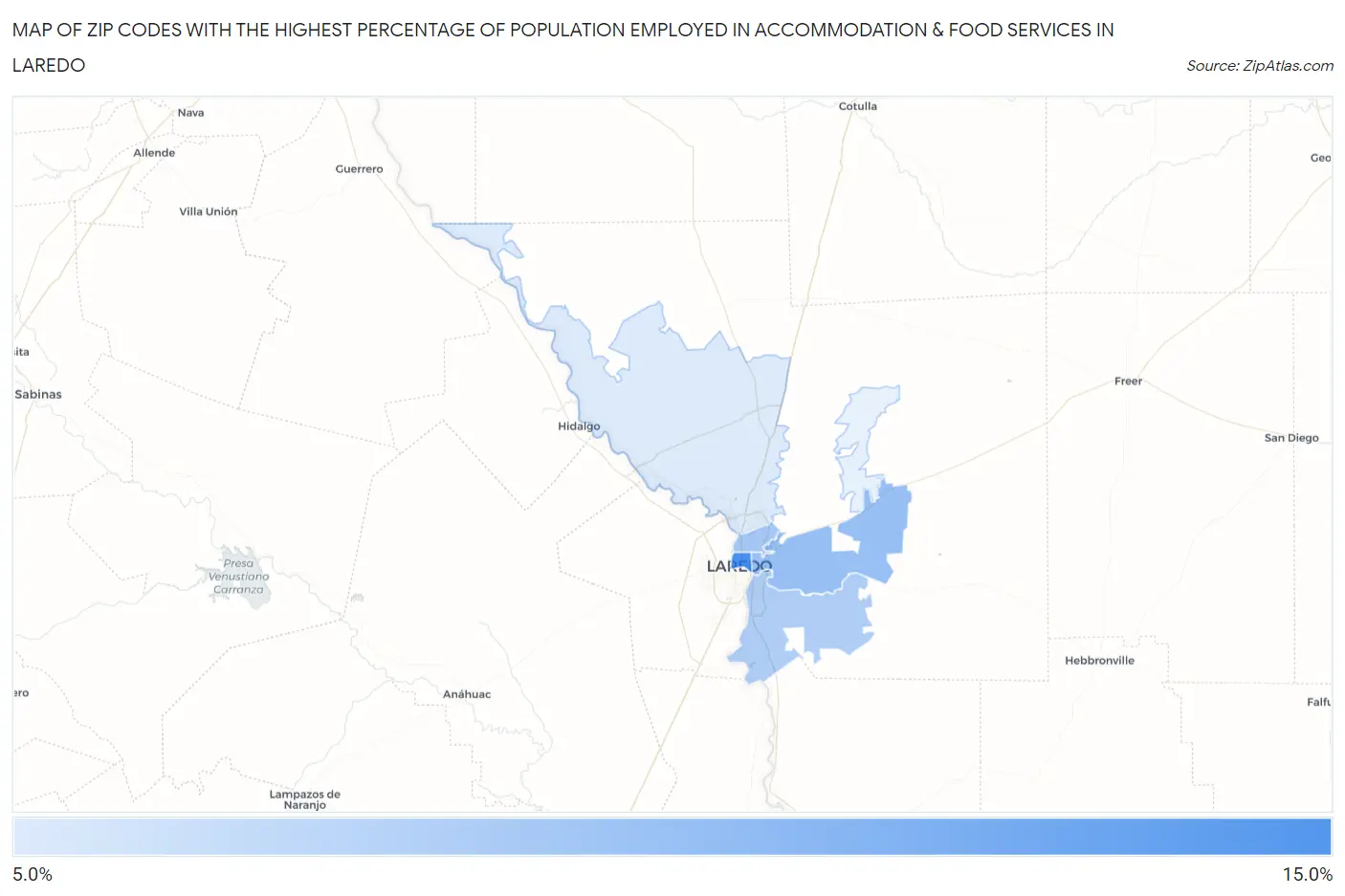 Zip Codes with the Highest Percentage of Population Employed in Accommodation & Food Services in Laredo Map
