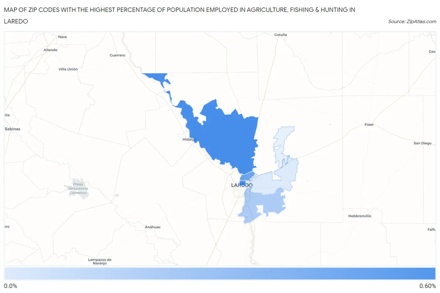 Zip Codes with the Highest Percentage of Population Employed in Agriculture, Fishing & Hunting in Laredo Map