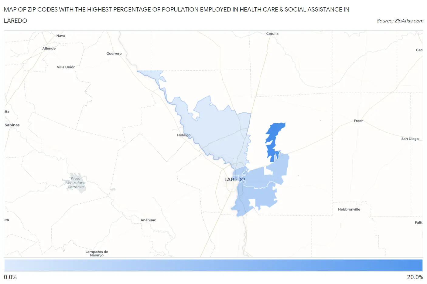 Zip Codes with the Highest Percentage of Population Employed in Health Care & Social Assistance in Laredo Map