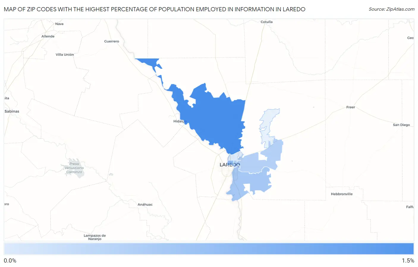 Zip Codes with the Highest Percentage of Population Employed in Information in Laredo Map