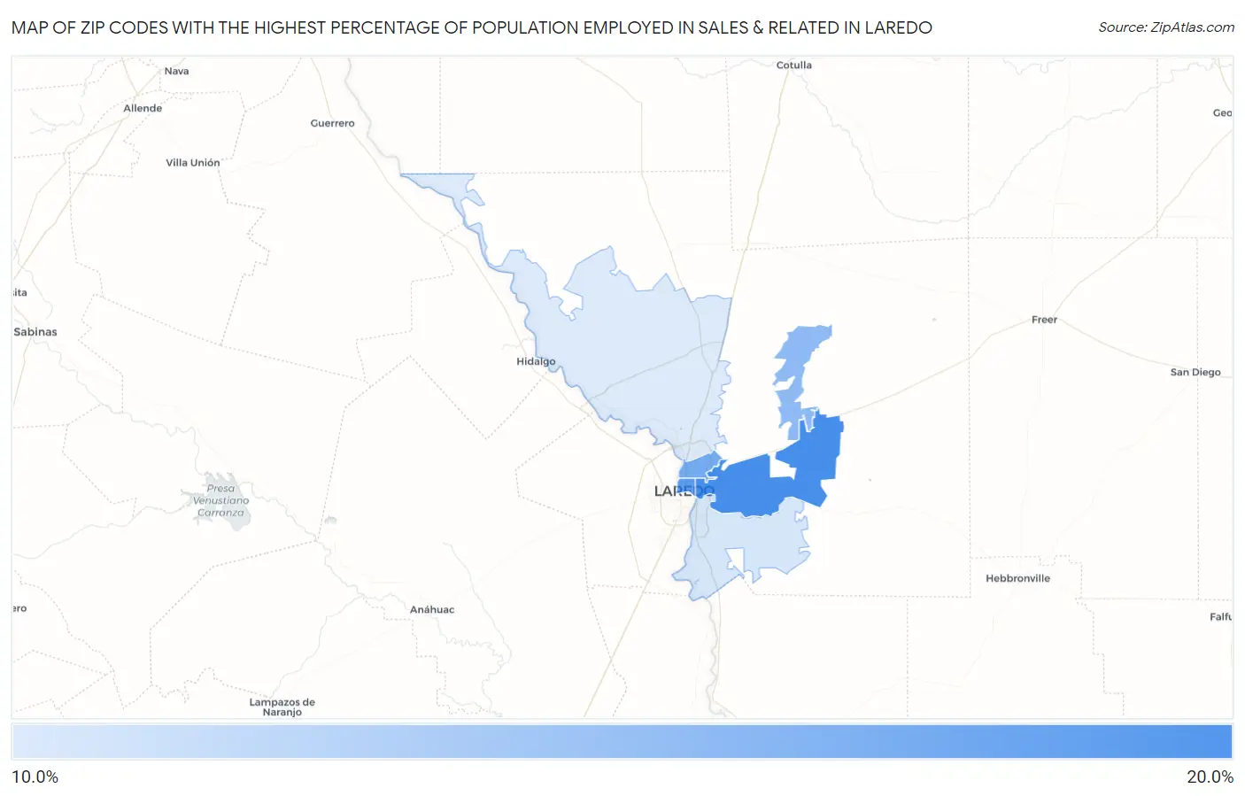 Zip Codes with the Highest Percentage of Population Employed in Sales & Related in Laredo Map