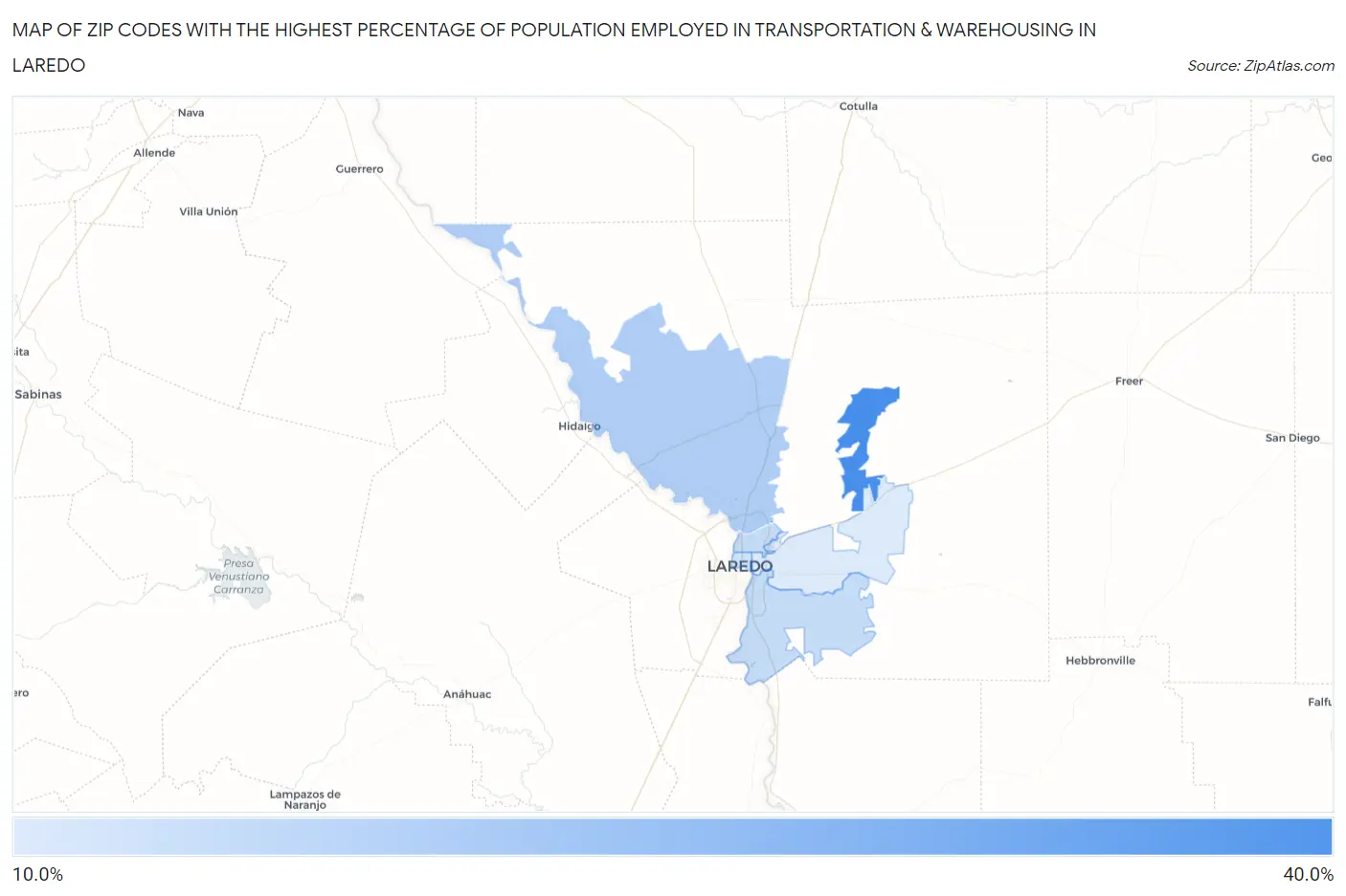Zip Codes with the Highest Percentage of Population Employed in Transportation & Warehousing in Laredo Map