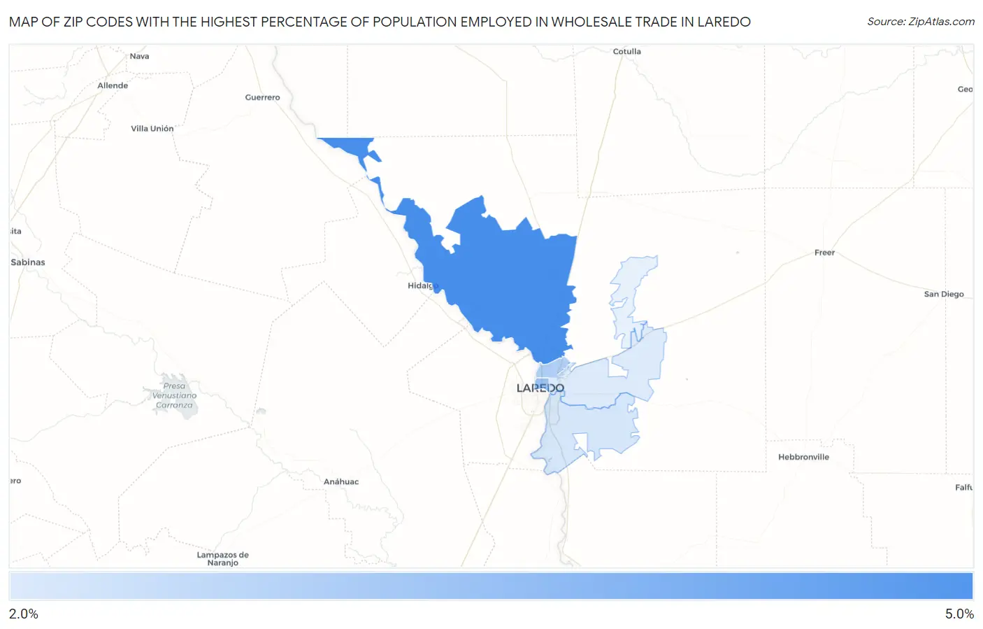 Zip Codes with the Highest Percentage of Population Employed in Wholesale Trade in Laredo Map