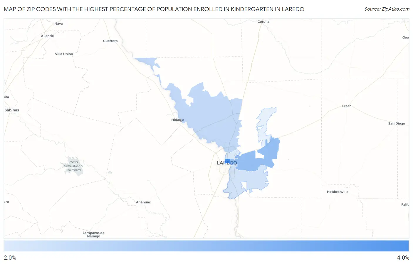 Zip Codes with the Highest Percentage of Population Enrolled in Kindergarten in Laredo Map