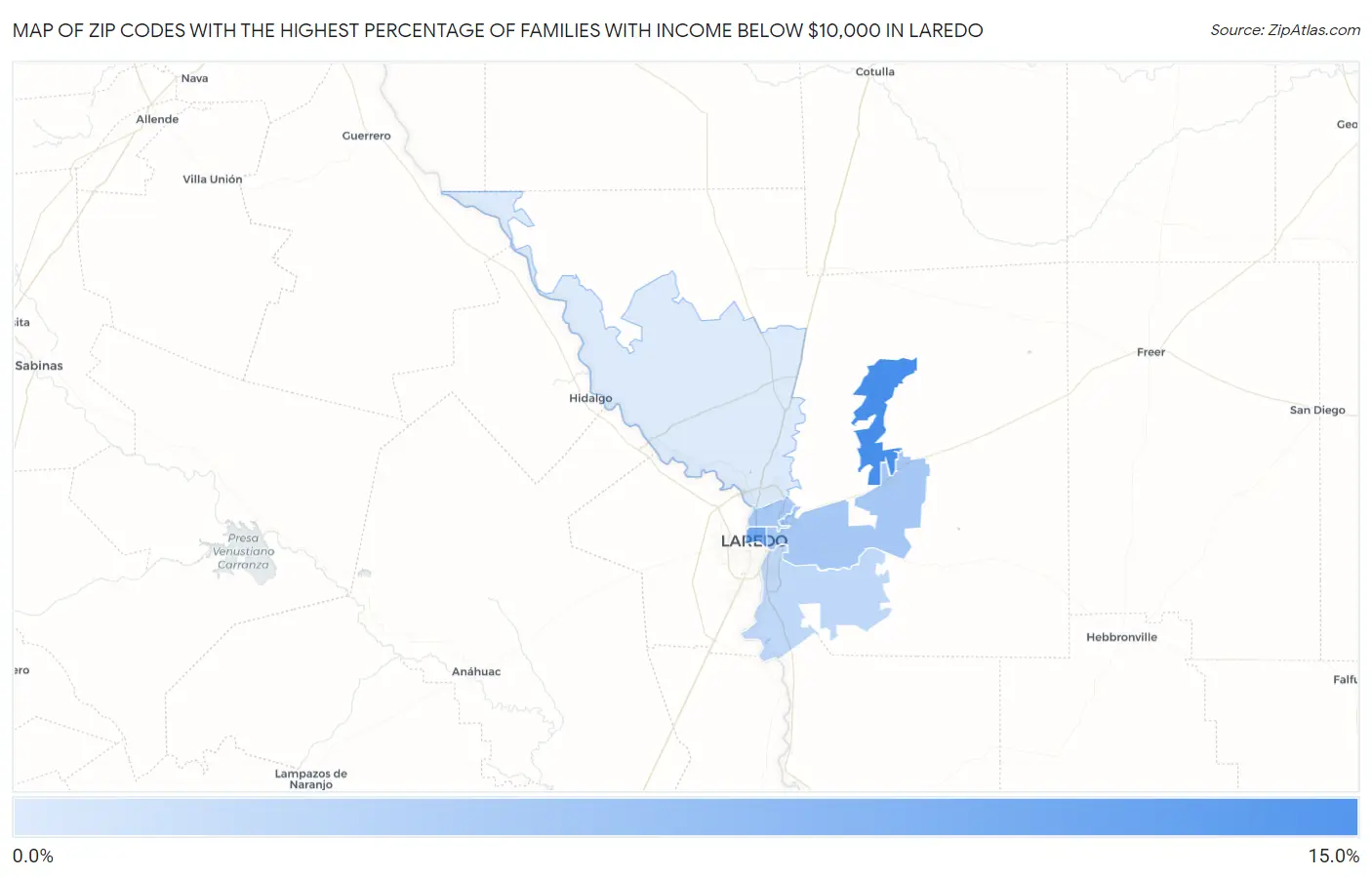 Zip Codes with the Highest Percentage of Families with Income Below $10,000 in Laredo Map