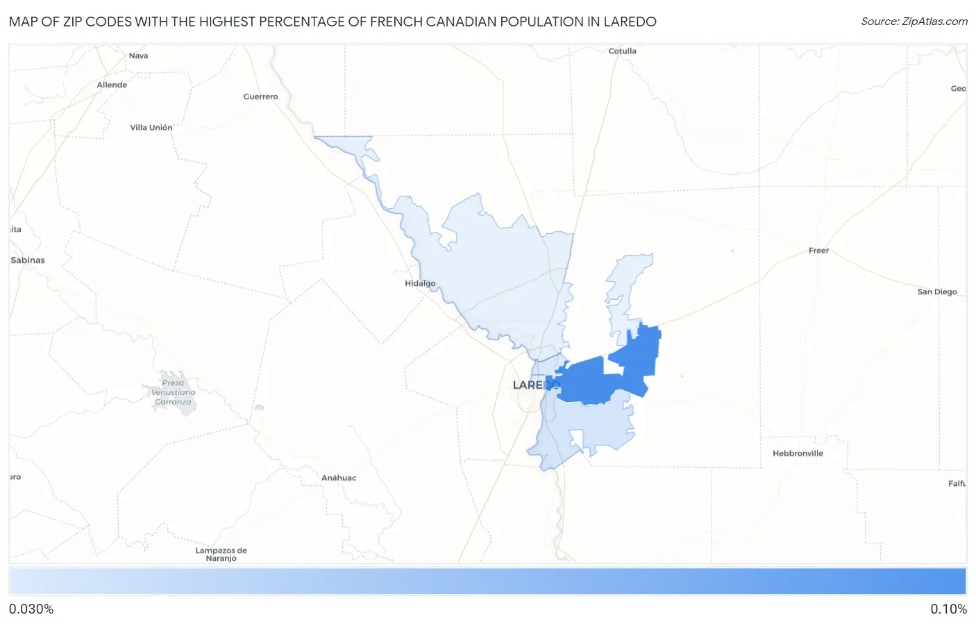 Zip Codes with the Highest Percentage of French Canadian Population in Laredo Map