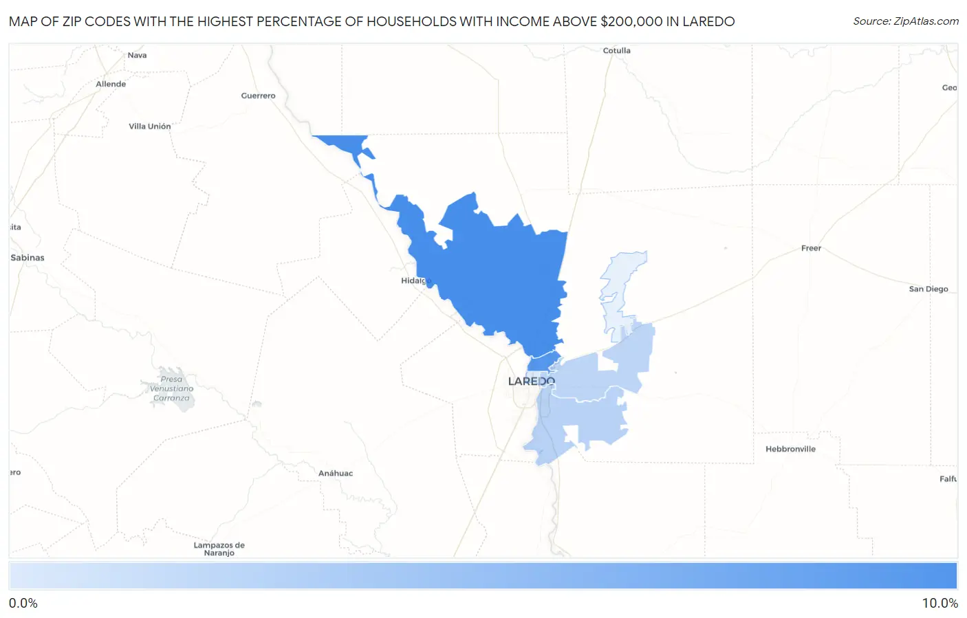 Zip Codes with the Highest Percentage of Households with Income Above $200,000 in Laredo Map