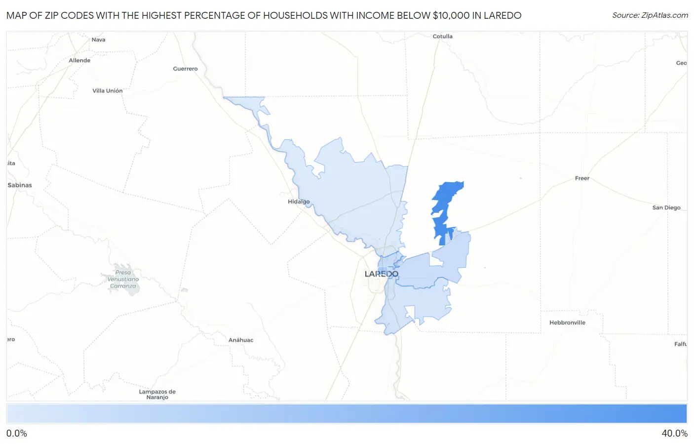 Zip Codes with the Highest Percentage of Households with Income Below $10,000 in Laredo Map