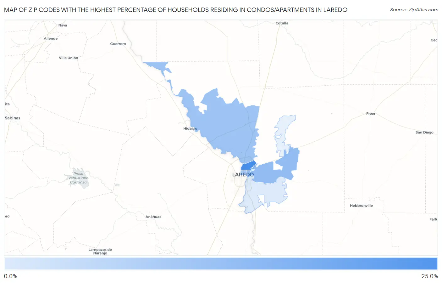 Zip Codes with the Highest Percentage of Households Residing in Condos/Apartments in Laredo Map